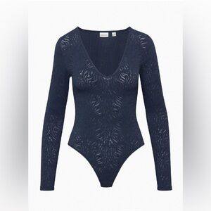 Babaton Navy ShapeLace V neck long sleeve Bodysuit